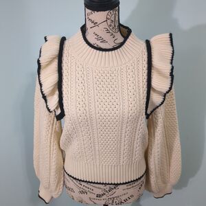 Mabel Ruffled Shoulder Knitted Sweater black white preppy small